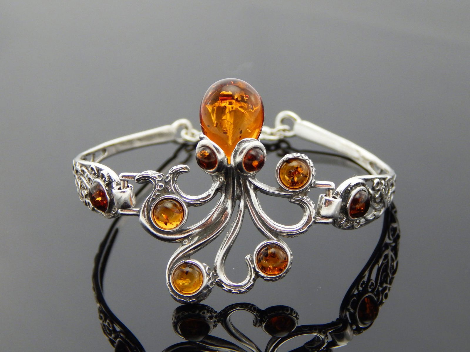 Natural Baltic Cognac Amber Octopus Bracelet in 925 Sterling Silver (1 of 7)