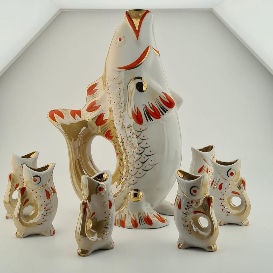 Vintage Soviet Porcelain Koi Fish Decanter and 6 pieces Shot Glasses Drinking Set (1 of 10)