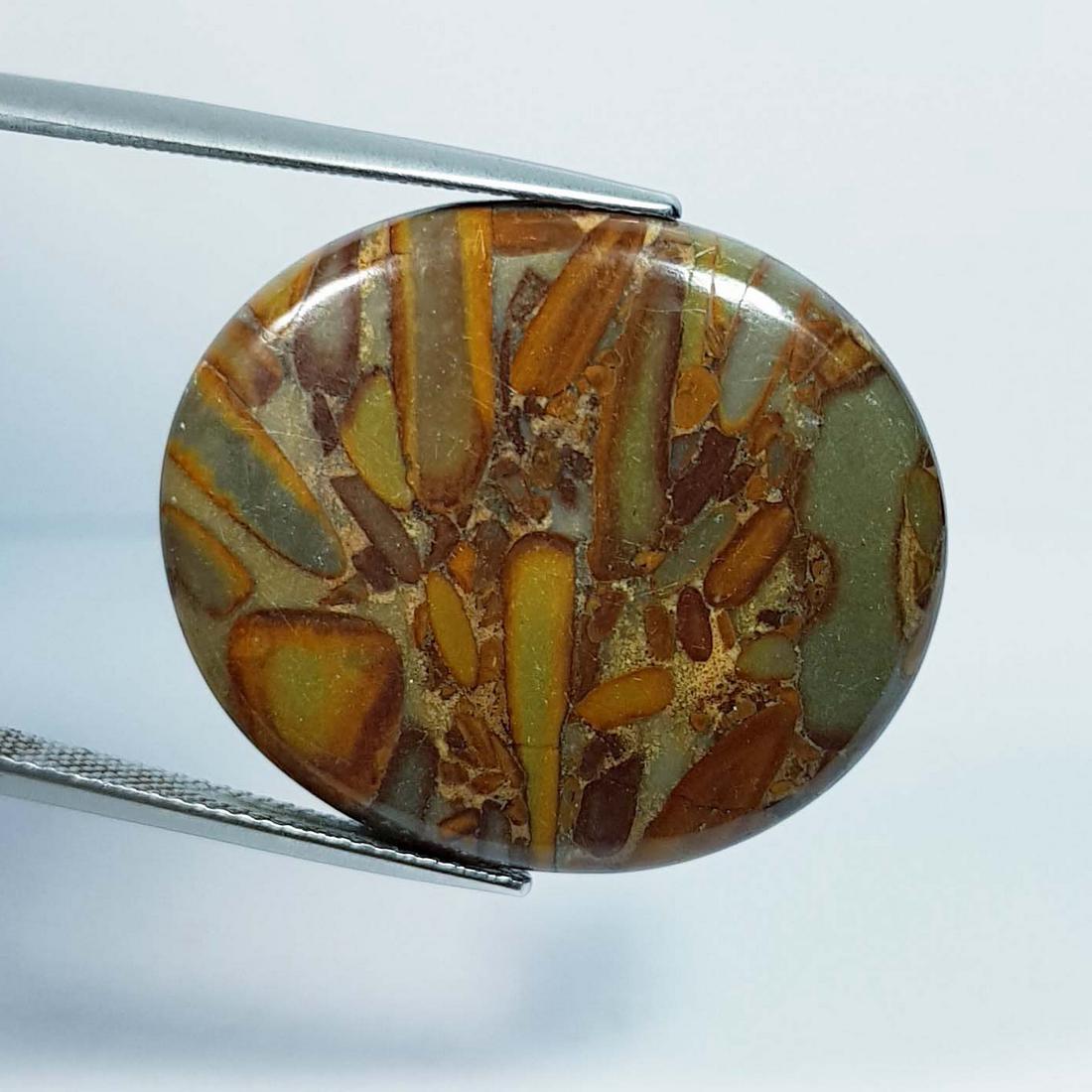 30.46 Ctz Natural Ajebolite Jasper: No Reserve! Title:30.46 Ctz Natural Ajebolite Jasper Color/Clarity:Brownish Yellow / Opaque Gemstones:Jasper Carat Weights:30.46 Size/Dimensions:29.95 x 25.50 x 4.60 Additional Information:Oval / Afri