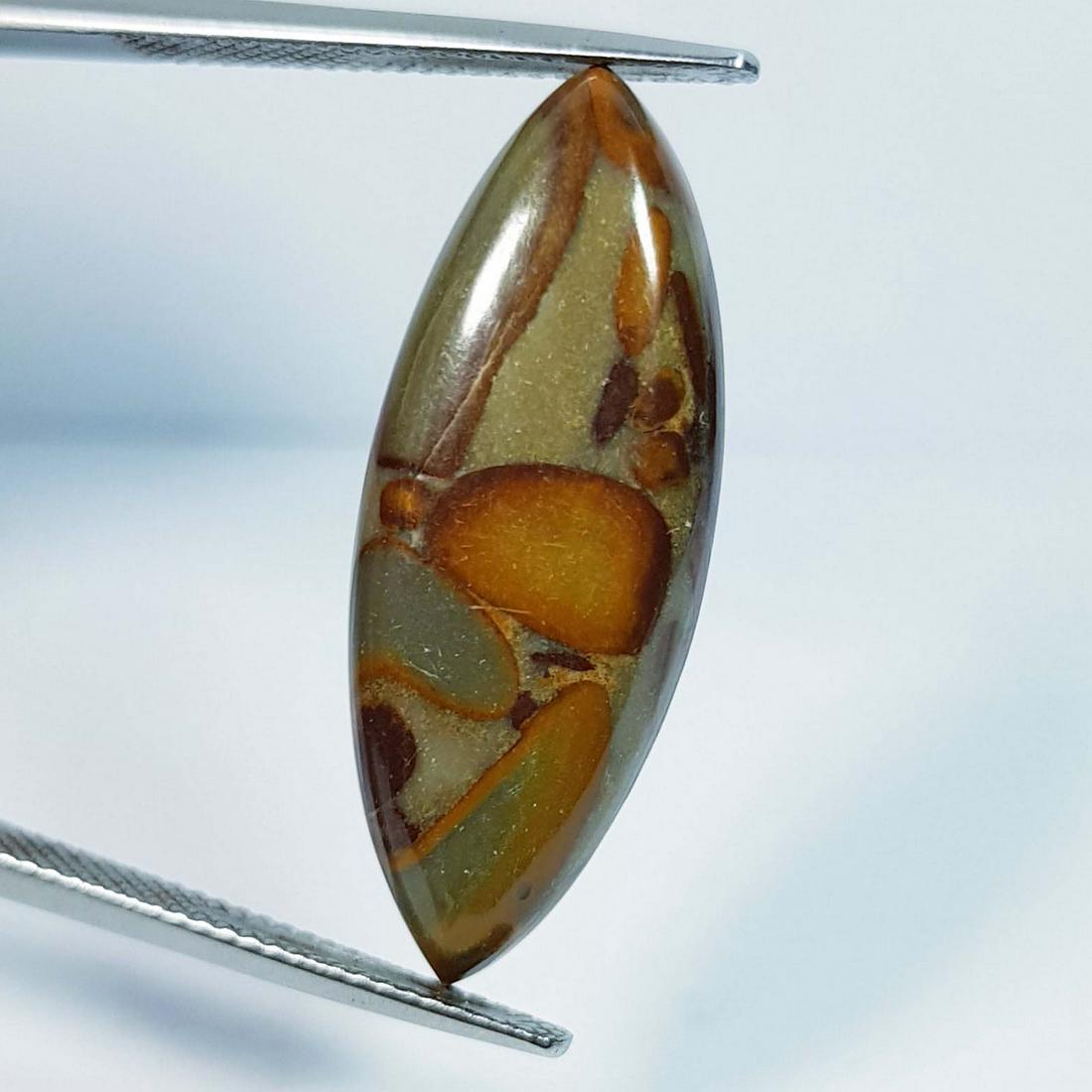 14.09 Ctz Natural Ajebolite Jasper: No Reserve! Title:14.09 Ctz Natural Ajebolite Jasper Color/Clarity:Brownish Yellow / Opaque Gemstones:Jasper Carat Weights:14.09 Size/Dimensions:30.80 x 11.60 x 5.06 Additional Information:Marquise /