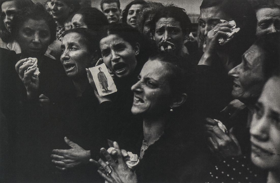 ROBERT CAPA - Funeral, Twenty Teenage Partisans, 1943: Artist: Robert Capa Title: Funeral of Twenty Teenage Partisans, Naples, 1943 Medium: Photo Litho, 1995, USA Dimensions: 7.5x5.95" Desciption: Heat Wax Mounted on 8.5x11" Conservation Board Artist Bio: