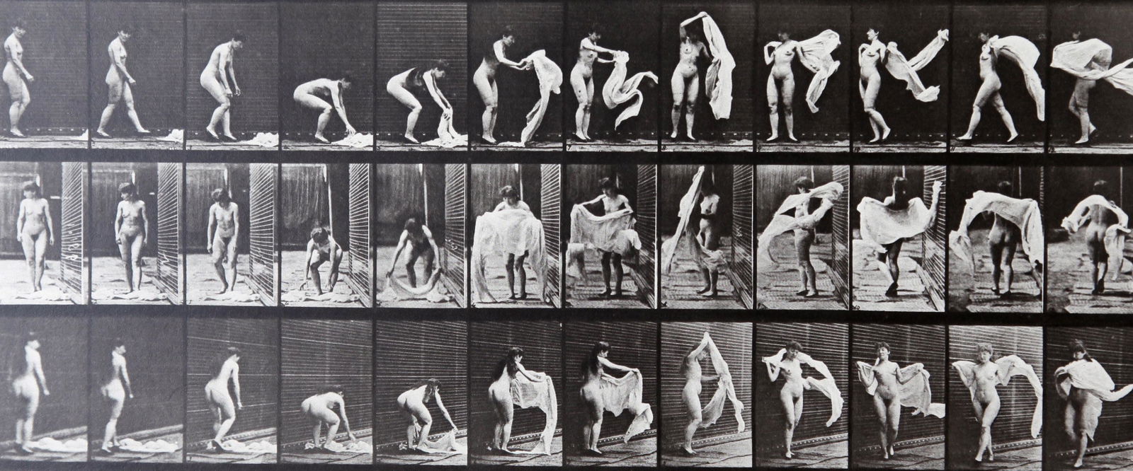Eadweard Muybridge: Woman dressing AL410: Artist: Eadweard Muybridge Title: Woman dressing AL410 Date Ptinted: Printed in 1979 Heavy weight paper Medium: Vintage Photogravure Print Origin: Printed in Italy in 1979 Dimensions: Mount Size: 30x4