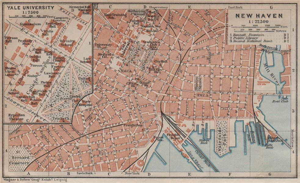 NEW HAVEN antique town city plan. Inset Yale University. Connecticut 1909 map: TITLE OF THE MAP: 'New Haven; Inset Yale university' DATE PRINTED: 1909 IMAGE SIZE: Approx 10.0 x 16.5cm, 4 x 6.5 inches (Small); Please note that this is a folding map. TYPE: Antique colour map; Scal