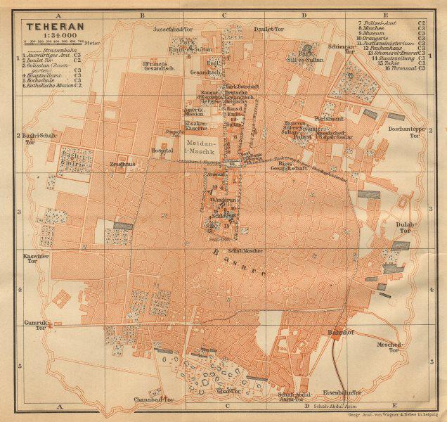 Tehran town/city plan. Iran. Teheran. BAEDEKER 1912 old antique map chart (1 of 2)