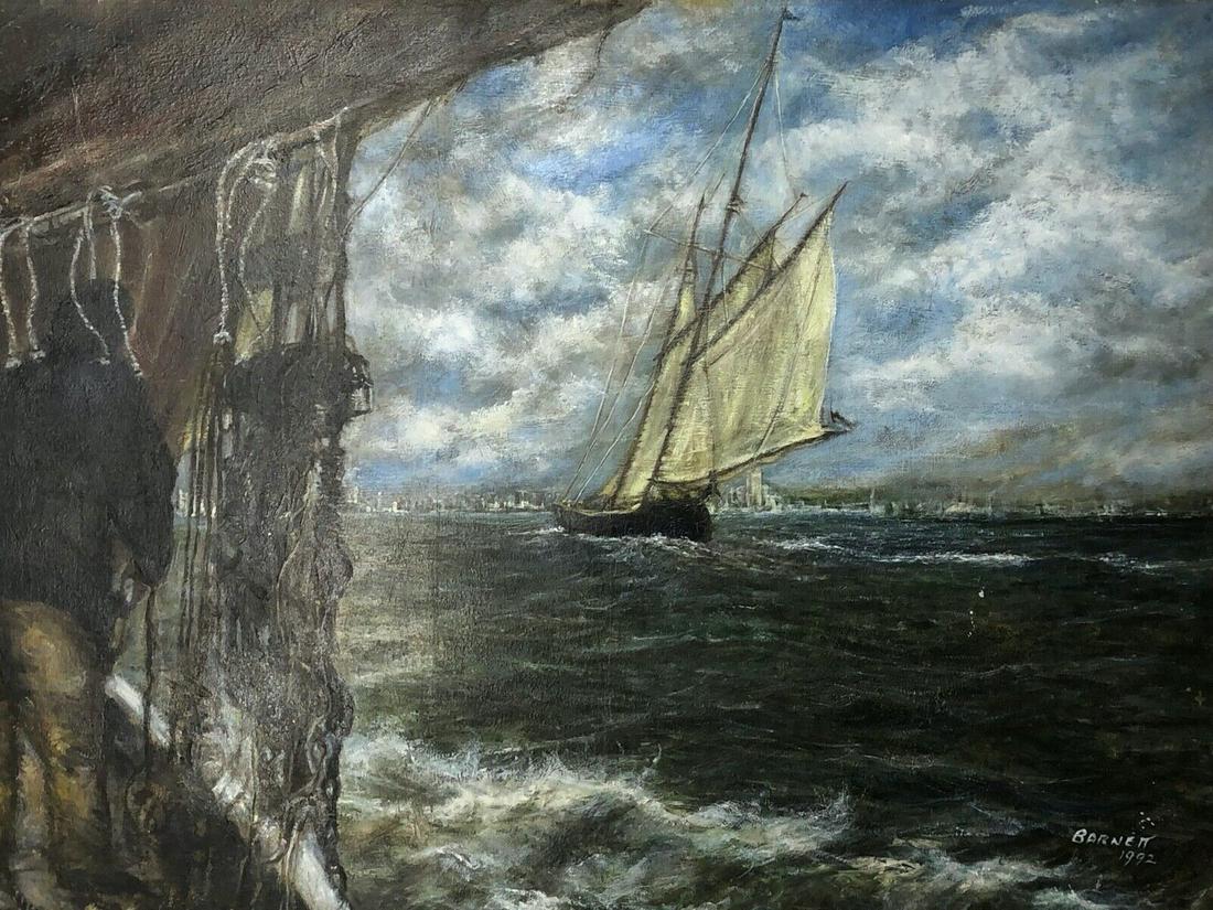 Fine Marine Oil Painting "Sea Captains View From the Deck" Ships By Shoreline (1 of 12)