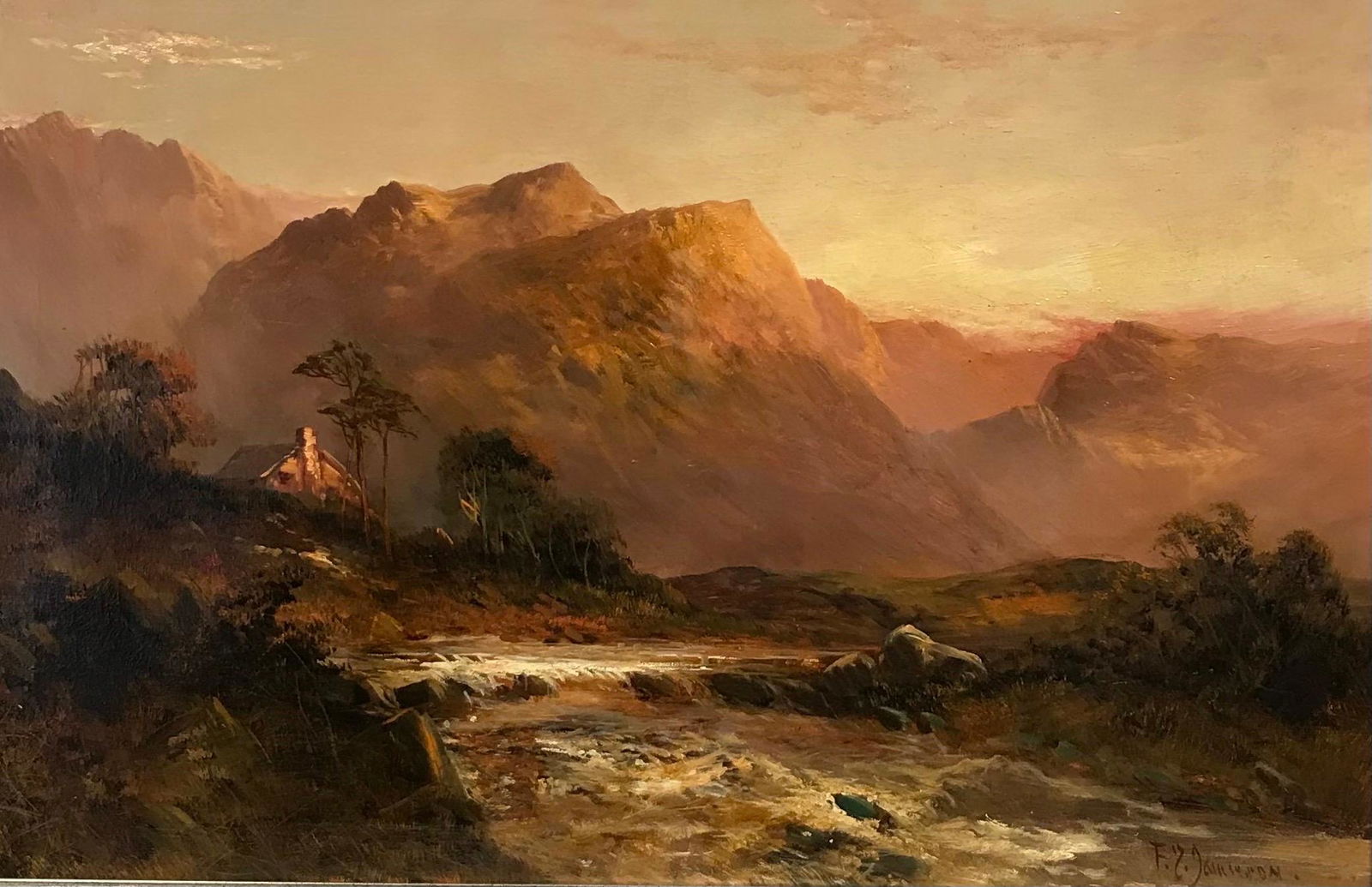 Francis E. Jamieson: Antique Scottish Oil Painting Sunset Highland Glen with River Flowing through: Creator Francis E. Jamieson (1890 - 1950, British) Dimensions Height: 57.15 cm (22.5 in)Width: 82.55 cm (32.5 in)Depth: 2.54 cm (1 in) Medium Oil Movement & Style Victorian Period Early 20th Century C