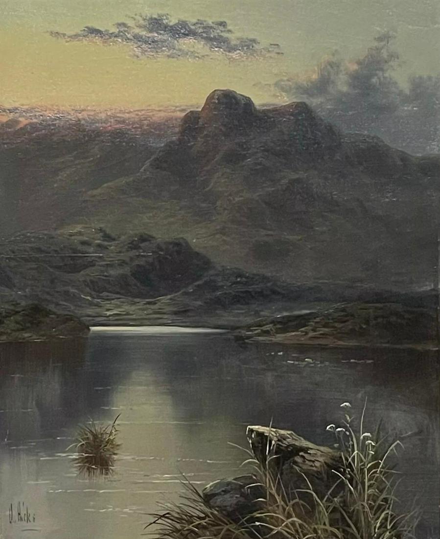 David Hicks: Fine Victorian Scottish Loch Scene with Mountains, Signed Antique Oil Painting: Creator David Hicks (1977, American) Dimensions Height: 69.85 cm (27.5 in)Width: 59.69 cm (23.5 in) Medium Oil Movement & Style Victorian Period Late 19th Century Condition Good Reserve: $1,096.00