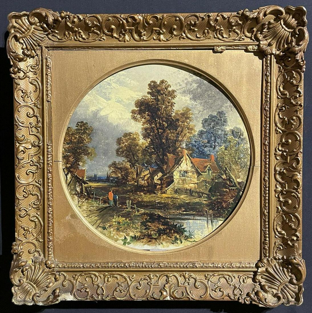 Unknown: VICTORIAN OIL FOLLOWER OF JOHN CONSTABLE RURAL RIVER LANDSCAPE WITH FIGURES: Creation Year c. 1850's Dimensions Height: 44.45 cm (17.5 in)Width: 44.45 cm (17.5 in)Depth: 2.54 cm (1 in) Medium Oil Movement & Style Victorian Circle Of (Follower of) John Constable (1776 - 1837, B