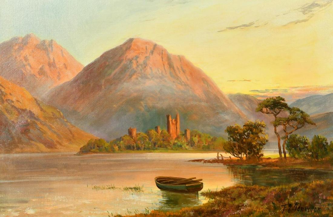 Francis E. Jamieson: Kilchurn Castle, Loch Awe, signed antique oil painting Radiant Sunset Scotland: Creator Francis E. Jamieson (1890 - 1950, British) Dimensions Height: 54.61 cm (21.5 in)Width: 74.93 cm (29.5 in)Depth: 2.54 cm (1 in) Medium Oil Movement & Style Victorian Period Early 20th Century C