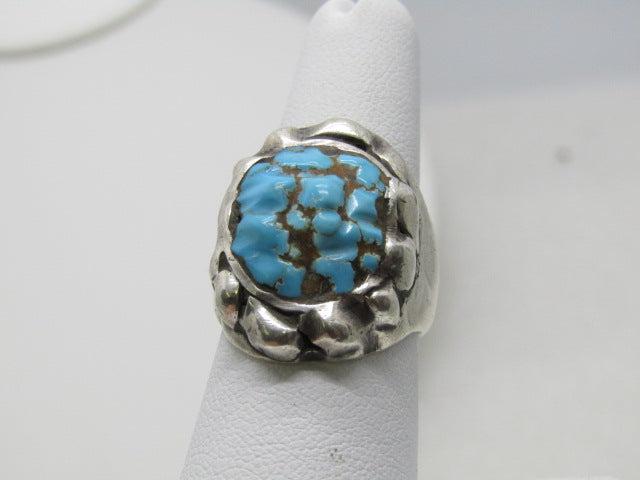 Vintage Southwestern Sterling Turquoise Ring, Freeform, Size 7, 1970's, 16.53 gr., Unisex (1 of 6)