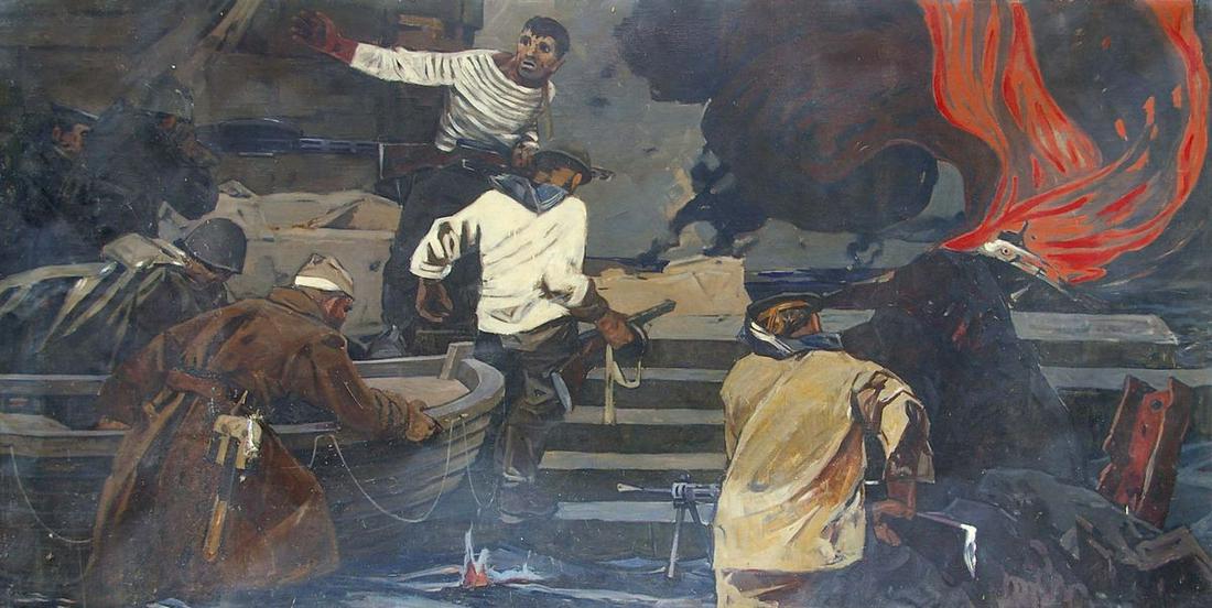 Oil painting Soldiers at war Grachev Anatoly Nikolaevich: №Pol 60 *** ABOUT THIS PAINTING *** * TITLE: "Soldiers at war" * ARTISTS: Grachev Anatoly Nikolaevich * SIZE: 129x245 cm/'50.78x96.45 inches' * MEDIUM: oil, canvas * HAND PAINTED: Original paint