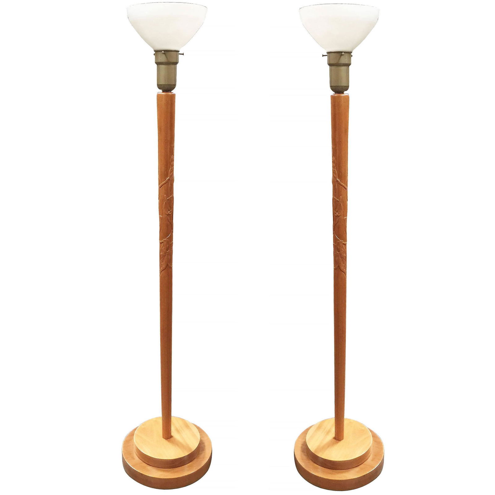 Russel Wright Style Hand-Carved Torchiere Floor Lamp, Pair: Title: Russel Wright Style Hand-Carved Torchiere Floor Lamp, Pair Description: Russel Wright style Mid-Century hand-carved wood torchiere floor lamp pair with milk glass shades. Additional Information
