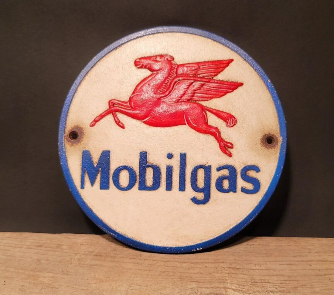Cast Iron Round Mobile Gas Oil Sign Plaque (1 of 12)
