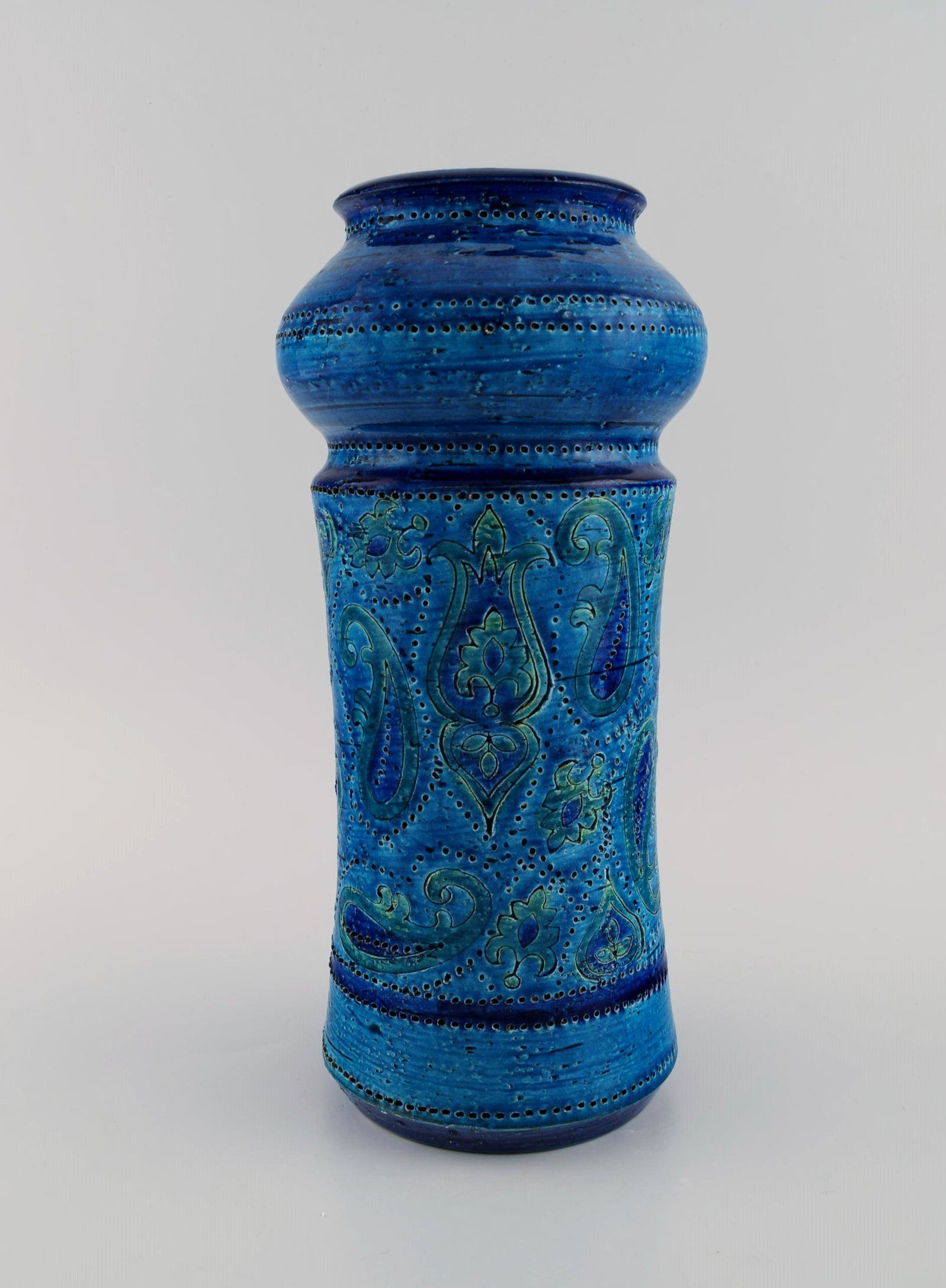 Aldo Londi for Bitossi. Large vase in Rimini-blue glazed ceramics with geometric and floral (1 of 7)