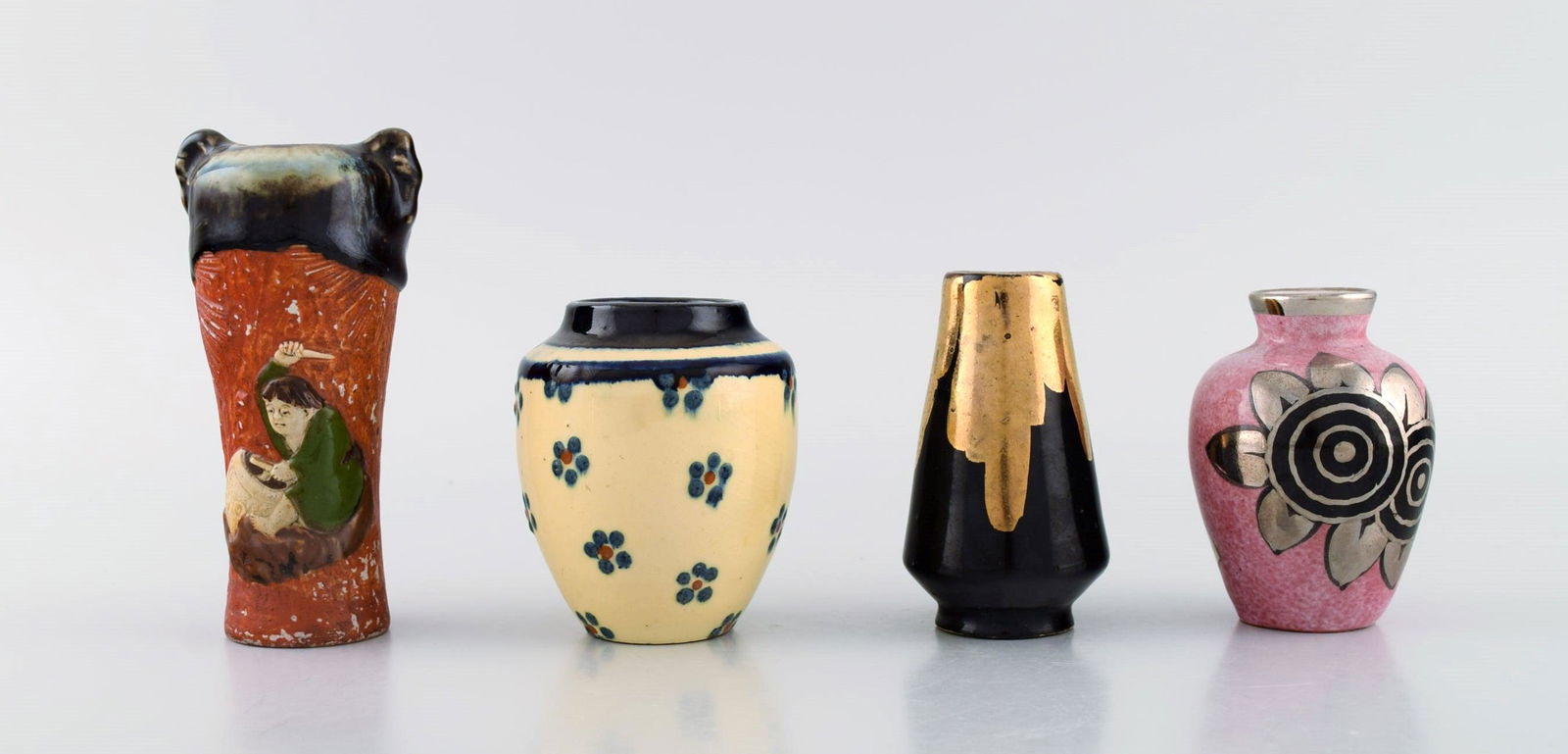 R. Nicole, France et al. Four miniature vases in hand-painted glazed ceramics. Mid-20th century. (1 of 7)