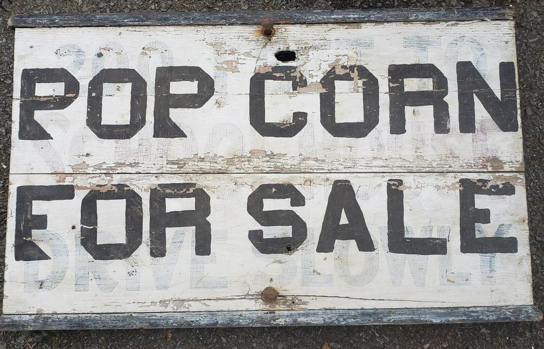 1920 Popcorn for sale sign on Top of SCHOOLHOUSE sign painted on wood (1 of 7)