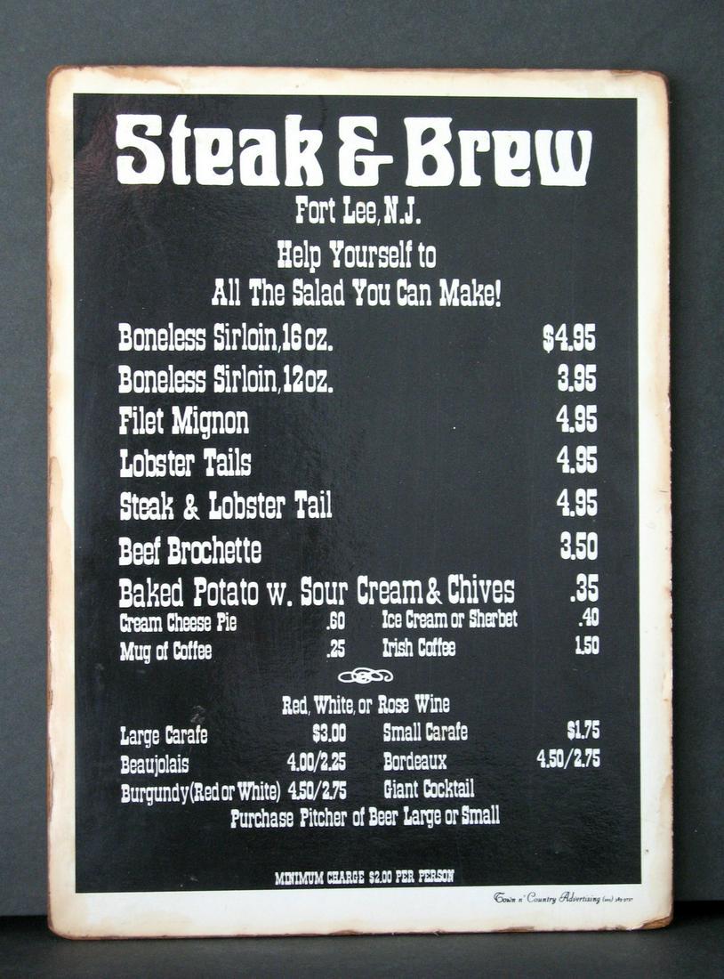 Vintage menu sign “Steak & Brew” Fort Lee, NJ. (1 of 5)
