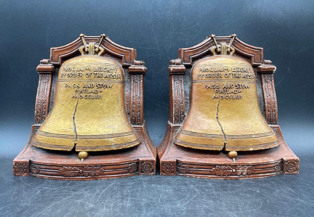 VINTAGE BOOKENDS LIBERTY BELL PAIR OF PATRIOTIC: Title: VINTAGE BOOKENDS LIBERTY BELL PAIR OF PATRIOTIC Date/Period: unknown Dimension: 6 in. tall and 6 in. wide, 2.5" deep Material: mixed material Additional Information: Wonderful accessory for any