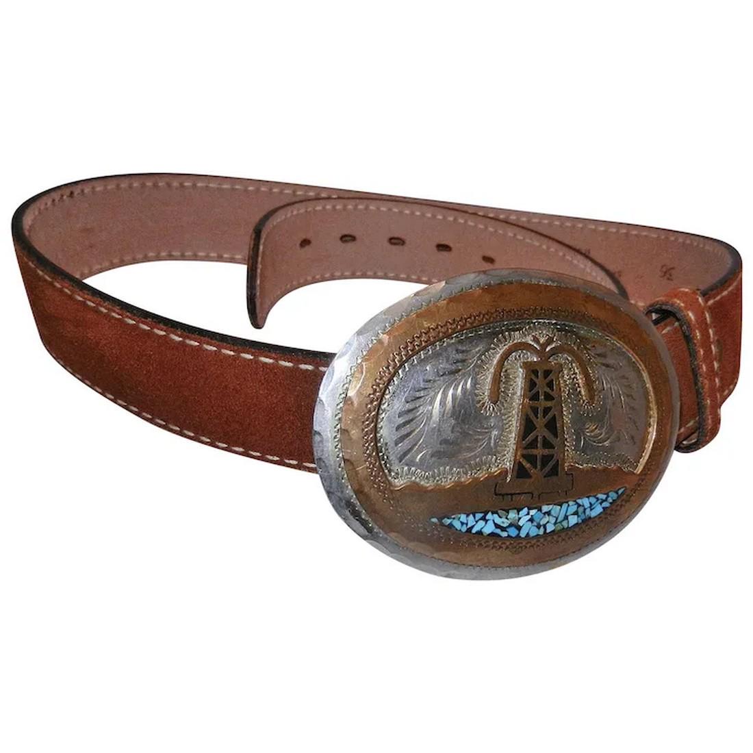 Vintage Hand Made Brass Turquoise Nickle Silver Belt Buckle and Split Cowhide Belt made in USA. (1 of 6)