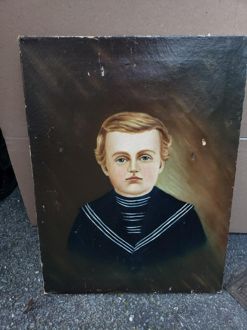 Oil on canvas coastal harbor scene nautical sailor boy 19th century (1 of 3)