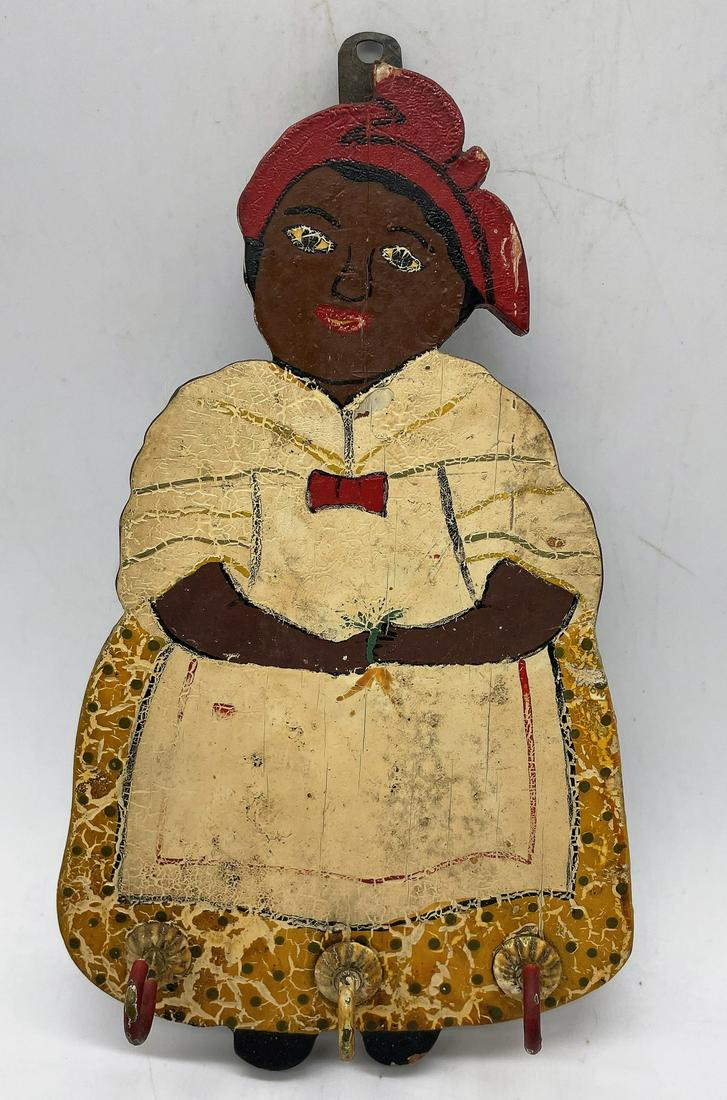 PRIMITIVE BLACK AMERICANA MAMMY WOODEN WALL DISPLAY WITH HOOKS: Title: PRIMITIVE BLACK AMERICANA MAMMY WOODEN WALL DISPLAY WITH HOOKS Date/Period: UNKNOWN Dimension: approx 7.25 x 4.25" Material: WOOD Additional Information: PRIMITIVE BLACK AMERICANA MAMMY WOODEN 