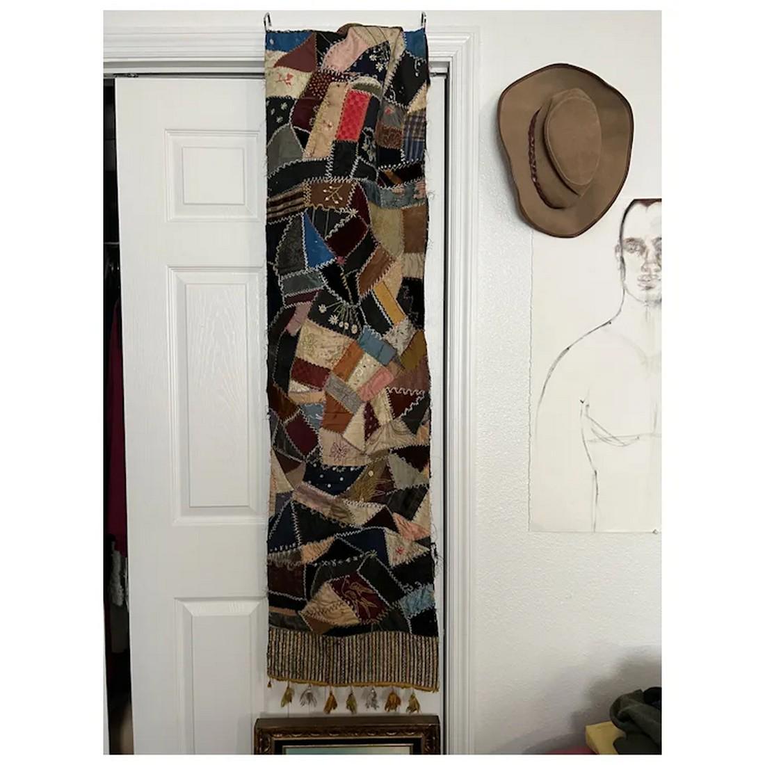 Antique Crazy quilt Runner 15x59" silk velvet w/ fringe (1 of 12)