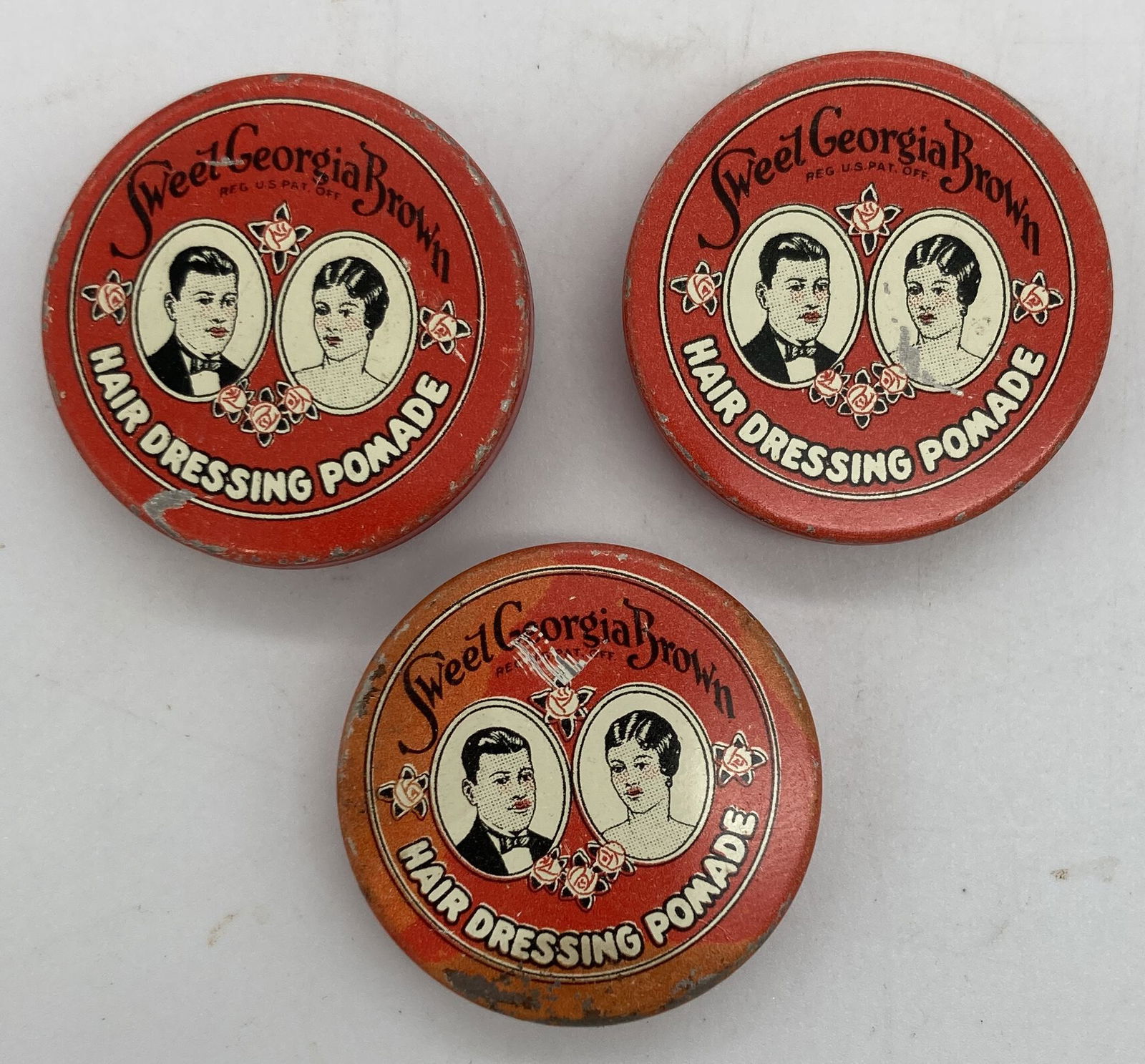 RARE Lot of 3 Vintage 1930's SWEET GEORGIA BROWN HAIR DRESSING POMADE Tin (1 of 7)