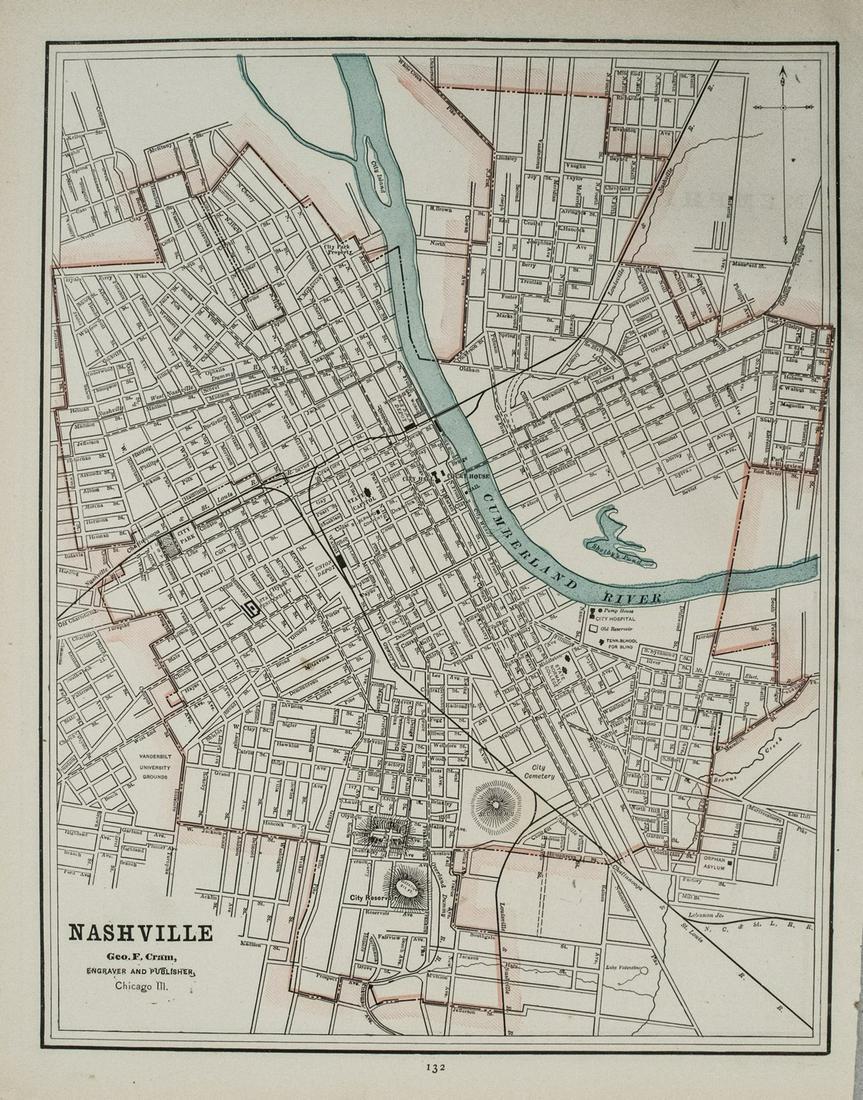 1891 Cram Map of Nashville [verso] Memphis -- Nashville [verso] Memphis (1 of 2)