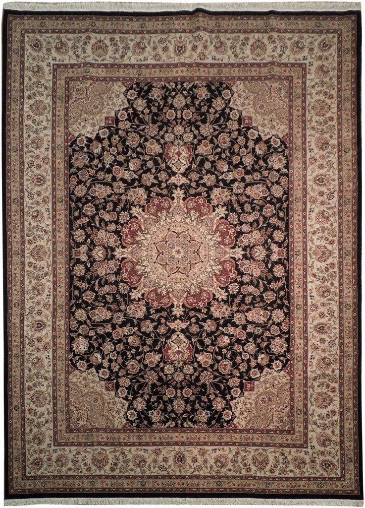 9' x 12' Wool & Silk Fine Quality Rug TABRIZ BLACK 19160: Size in Feet: Width: 9' x Length: 12' Size in Inches: Width: 108 in x Length: 144 in Colors: Black, Ivory, burgundy, green Weave: 100% Handmade Pile: Wool and Silk Style: Tabriz Origin: China Conditio