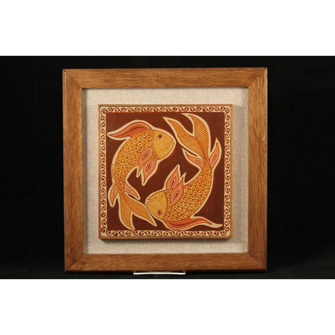 Mexican Hanging Fish Tile Ceramic Wood Frame Art Pablo Pajarito (1 of 7)