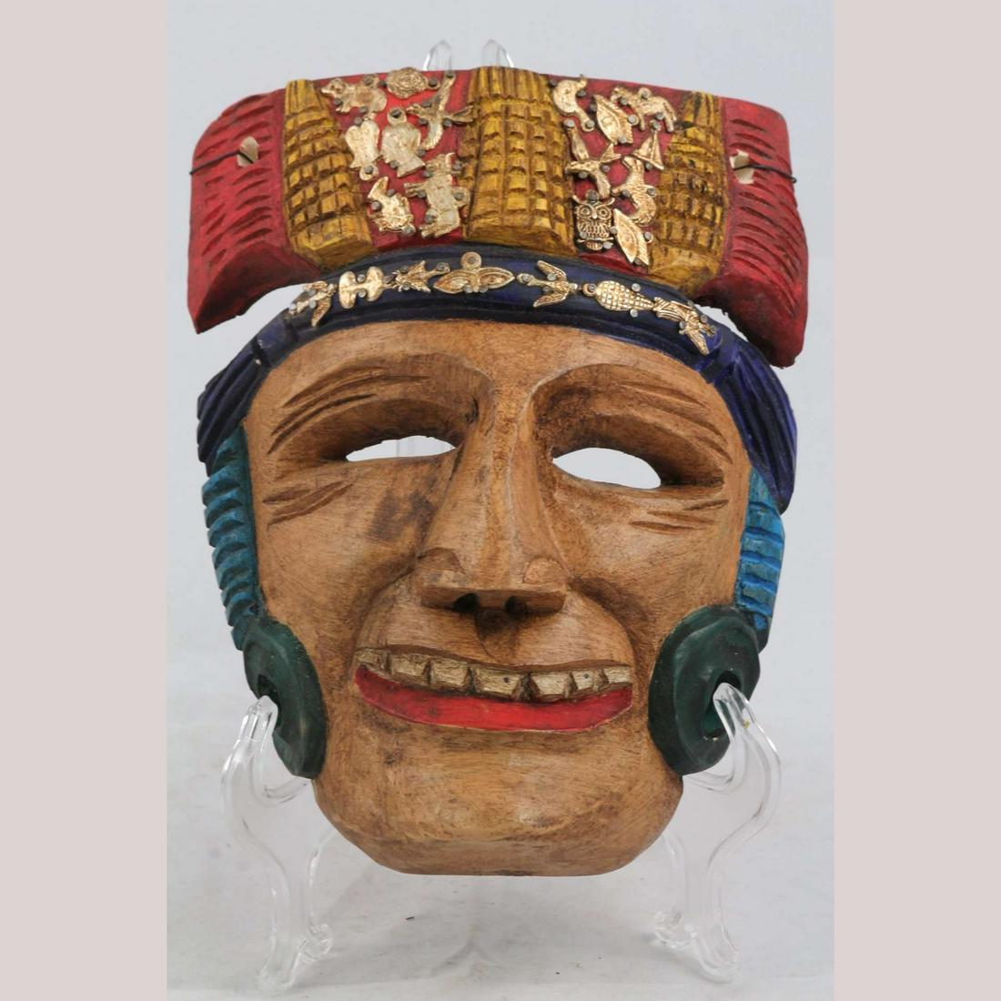 Wood Mask Aztec Gentleman Hand Made Jose Manuel Mejia: No Reserve! Wood Aztec Mask with Milagros From Mexico. Tall/Height- 10" Wide- 8" Deep- 3 1/2" (measured from back to nose) The mask were made by Master craftsman Jose Manuel Mejia.