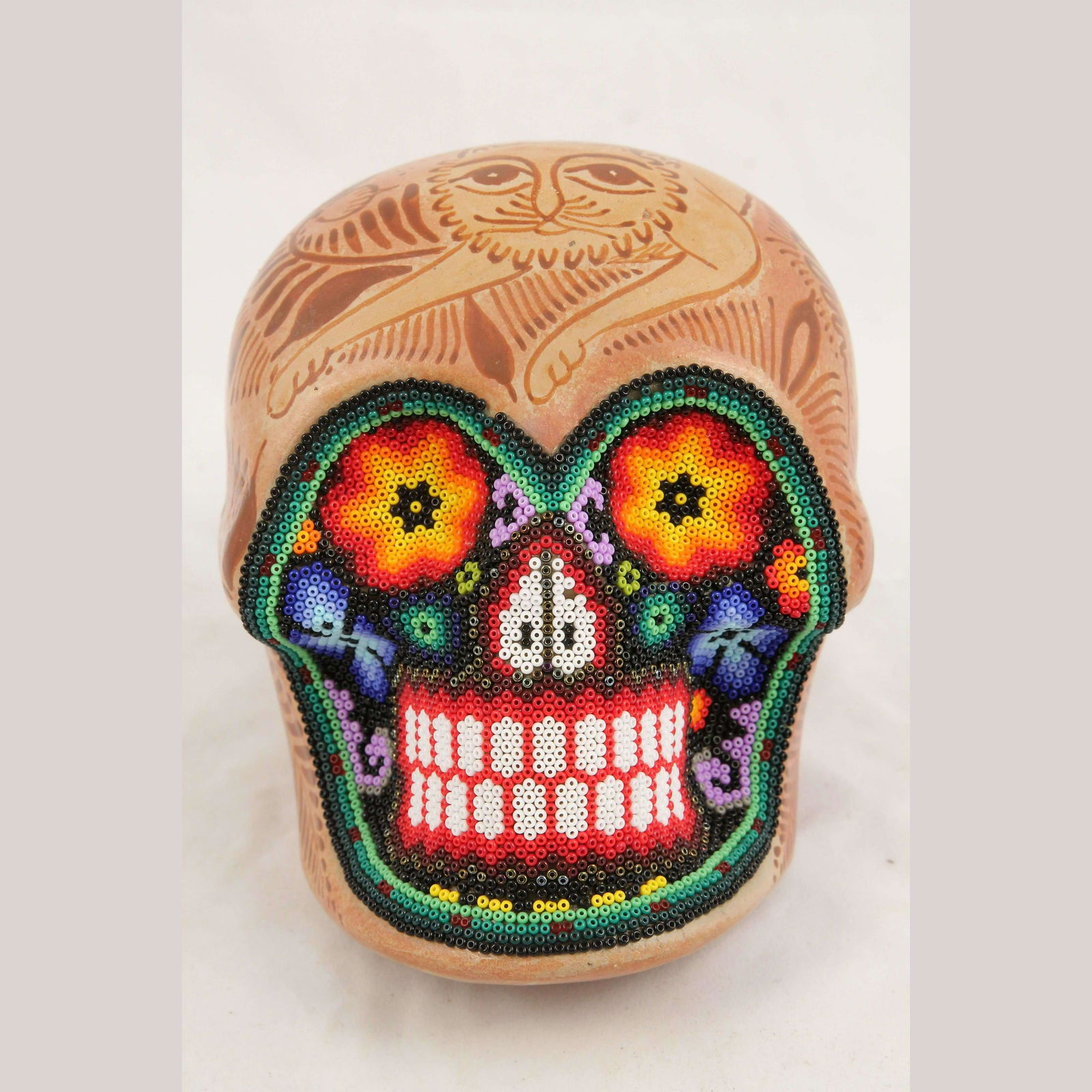 Mexican Ceramic/Pottery Skull w Huichol Style Folk Art Master Pablo Pajarito #3 (1 of 6)