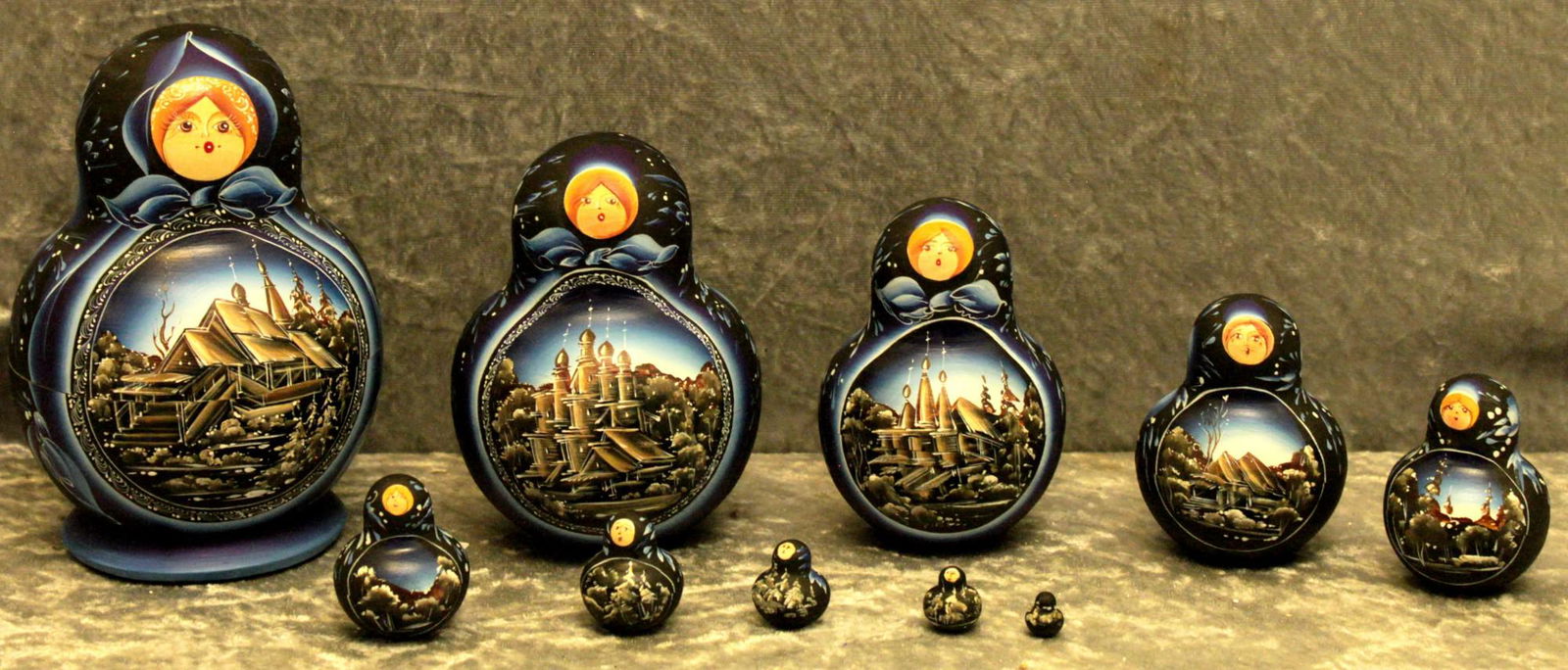 Matreshka, nesting doll: Matreshka, Russian hand-made and hand-painted nesting doll, Stecking doll. 10 pieces with different landscapes. Dimensions: 0.0 × 9.0 × 14.0 cm" Reserve: $220.00 Shipping: Domestic: Flat-rate of $50