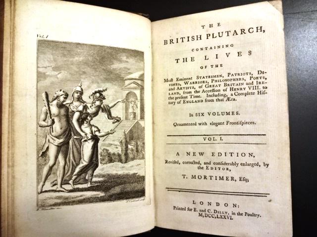 1776 Leather The British Plutarchs: The British Plutarchs Containing the Lives of the Most Eminent Statesmen, Patriots, Divines, Warriors…, compiled by T. Mortimer, printed for E and C Dilly, MDCCLXXVI (1776). Volume I only (of VI