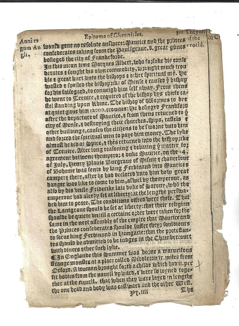 1565 Leaf Coopers Chronicle Elizabethan Printing: A leaf from "Coopers chronicle conteyninge the whole discourse of the histories, as well of this realme, as al other countreis…", by Thomas Lanquet (1521-1545), printed at London in 1565. Folio