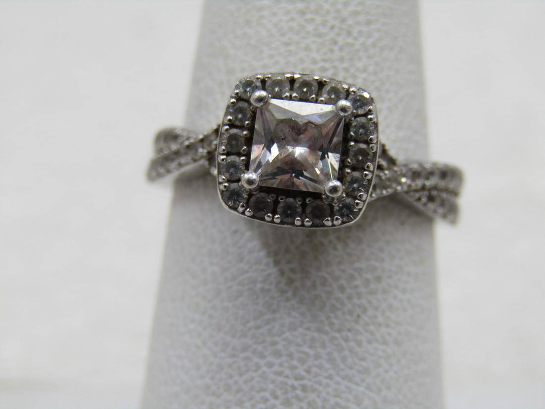 Vintage Sterling CZ Halo Engagement Ring, Sz. 7. Signed EC (1 of 6)