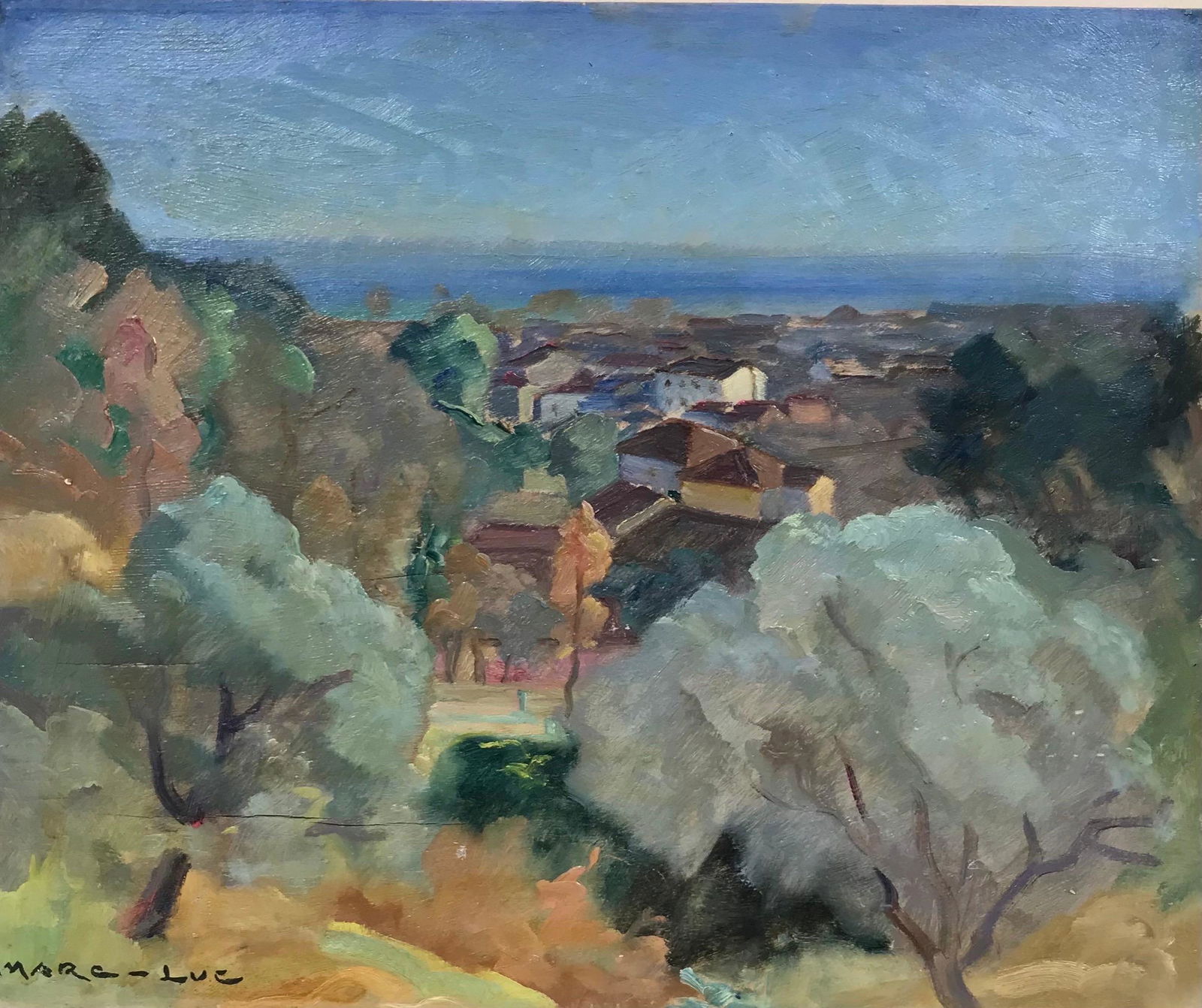 French School: 1930's French Post Impressionist Oil Painting - Cote d'Azur through the trees (1 of 7)