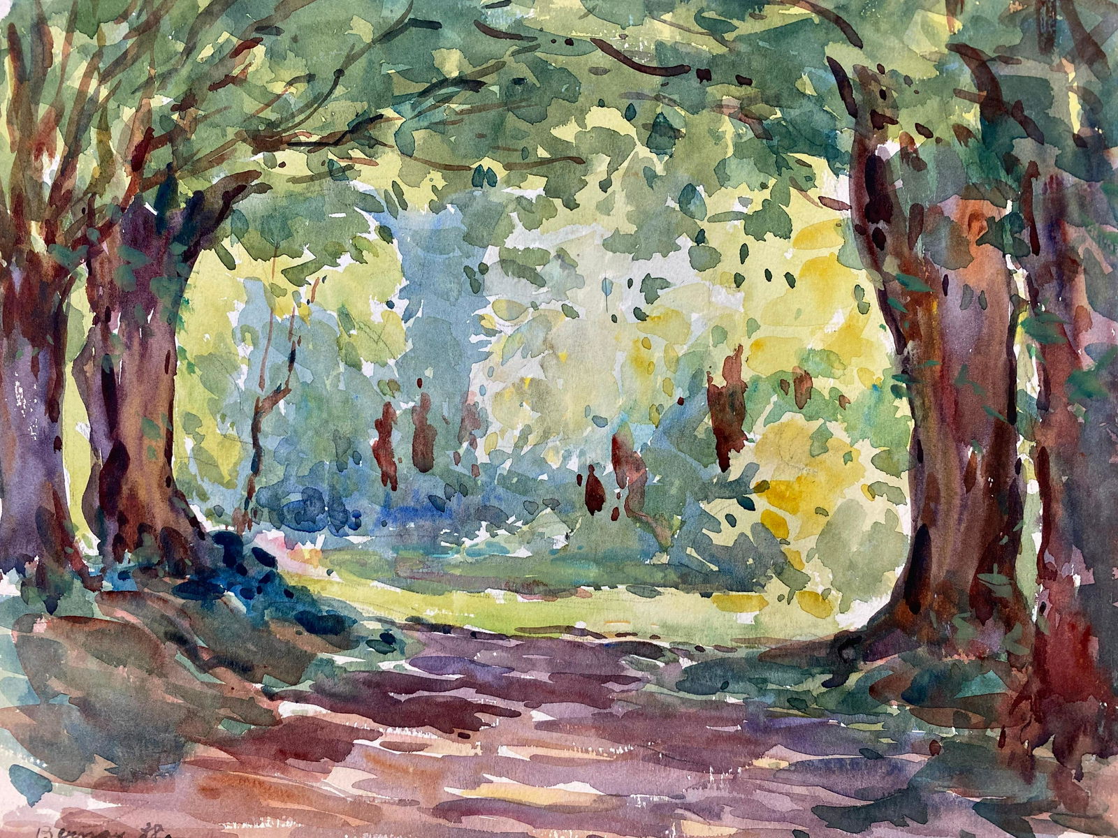 Camille Meriot: Camille Meriot French Signed Watercolour Painting - Vibrant Forest Pathway (1 of 5)