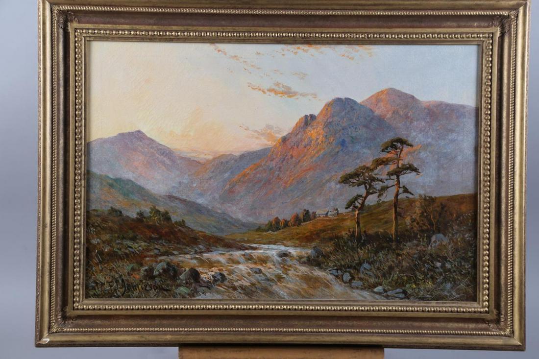 Francis E. Jamieson: Scottish Highlands River Valley at Sunset, signed antique oil painting: Artist: Francis E. Jamieson Title: Scottish Highlands River Valley at Sunset, signed antique oil painting Description: Artist/ School: F. E. Jamieson (British 1895-1950), signed with the artists pseud
