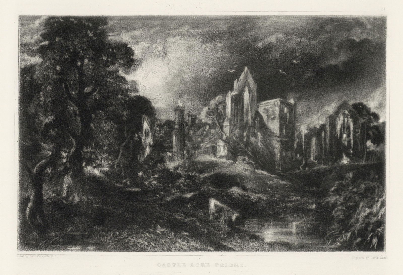 Sir John Constable / David Lucas mezzotint "Castle Acre Priory": This beautiful mezzotint engraving was composed by John Constable and engraved by David Lucas. It is from the much sought-after "English Landscape" series; this impression on cream wove paper is from