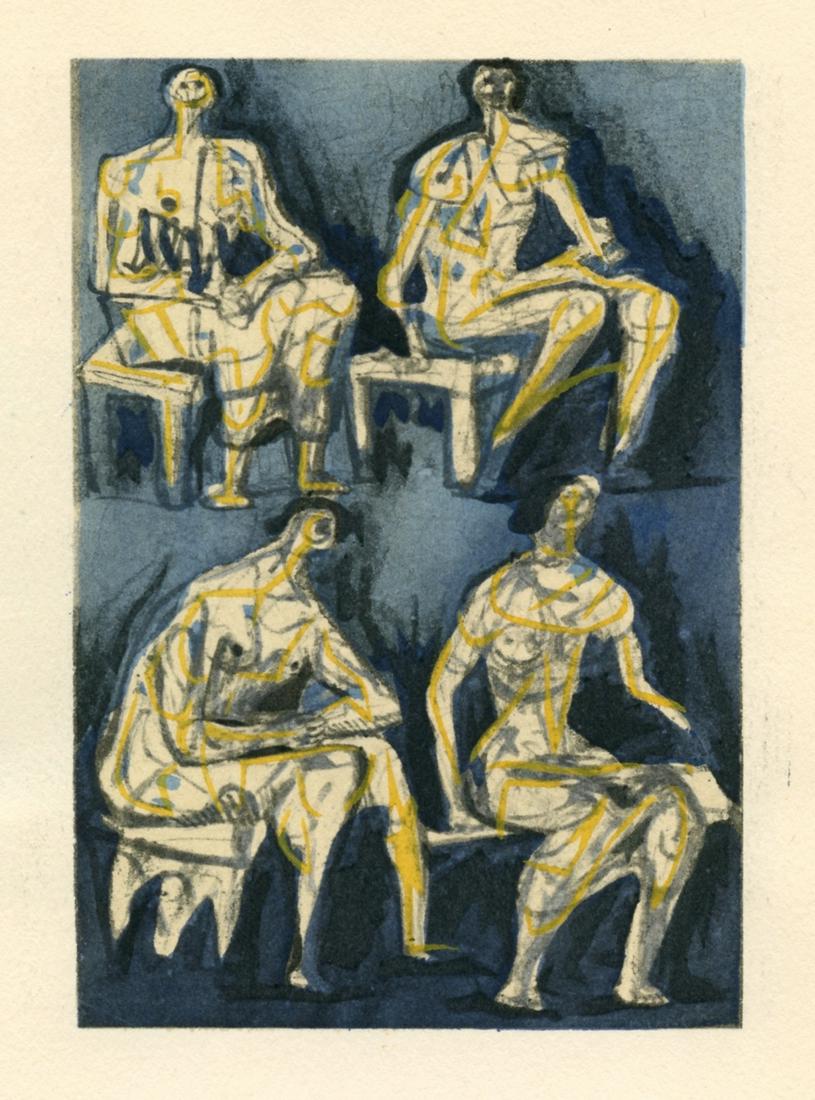 Henry Moore pochoir "Quatre femmes assises": Medium: pochoir (after the watercolor). Printed in Paris in 1957 at the atelier of Daniel Jacomet and published by the Berggruen Gallery for a rare catalogue. Image size: 5 x 3 3/8 inches (125 x 85 mm