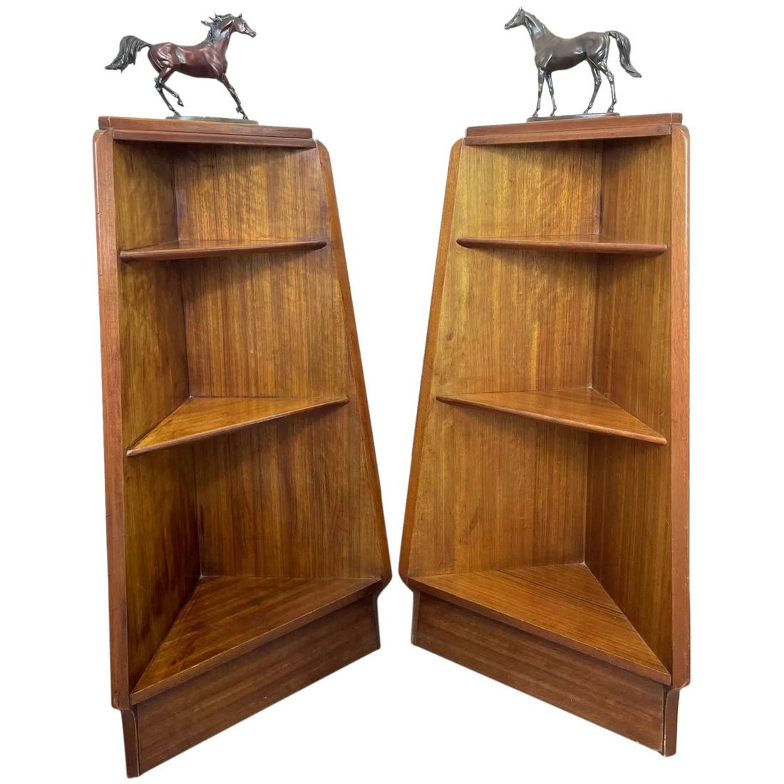 Pair Stylish Mid Century Teak Open Corner Bookcase Étagère (1 of 12)