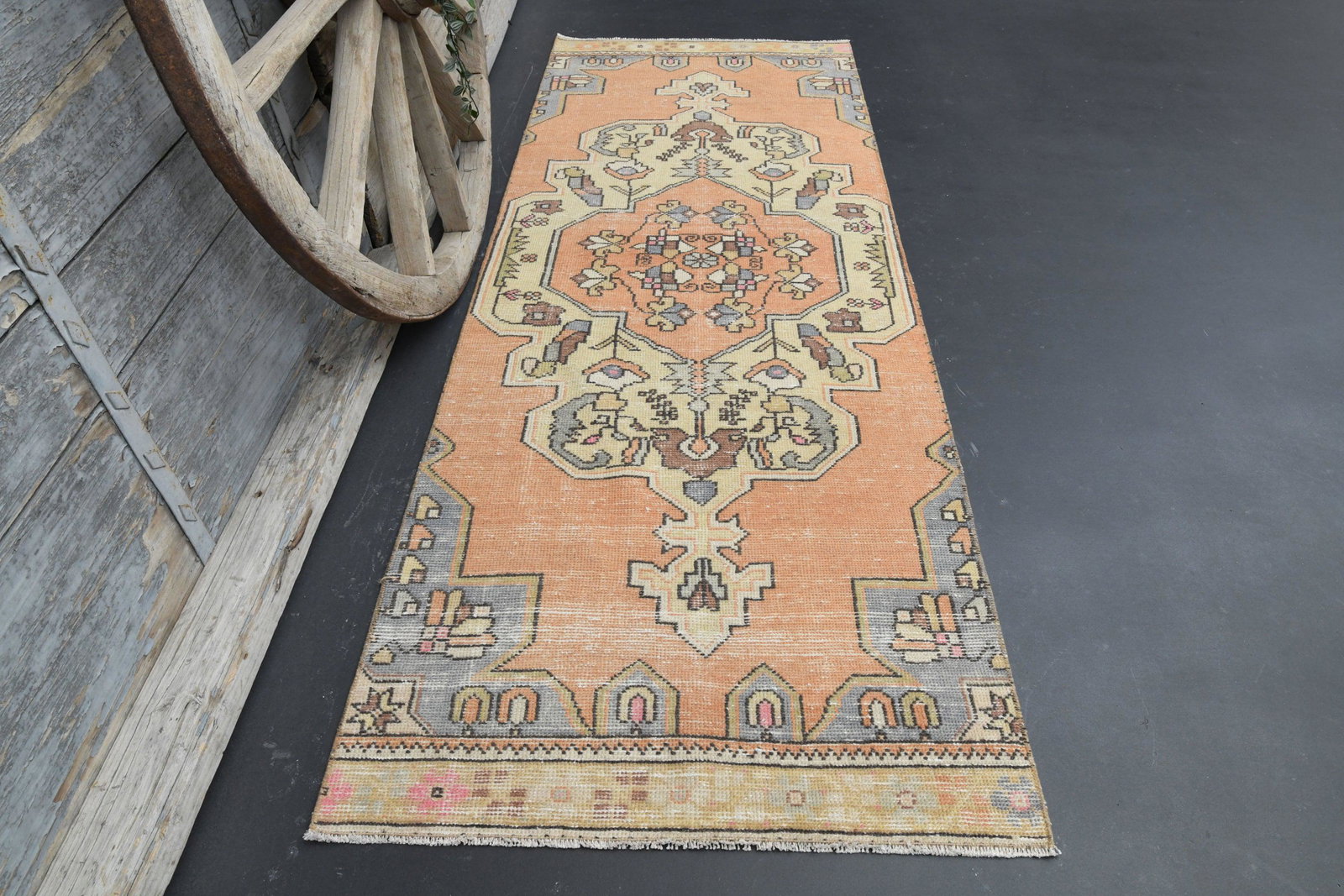2'8x7'6 Orange Antique Anatolian s: Title: 2'8x7'6 Orange Antique Anatolian s Origin: Turkey Date/Period: 1960 - 1970 Dimension: Width: 2.8 feet Length: 7.6 feet Materials: Wool And Cotton Description: This Turkish Rug one-of-a-kind Vin