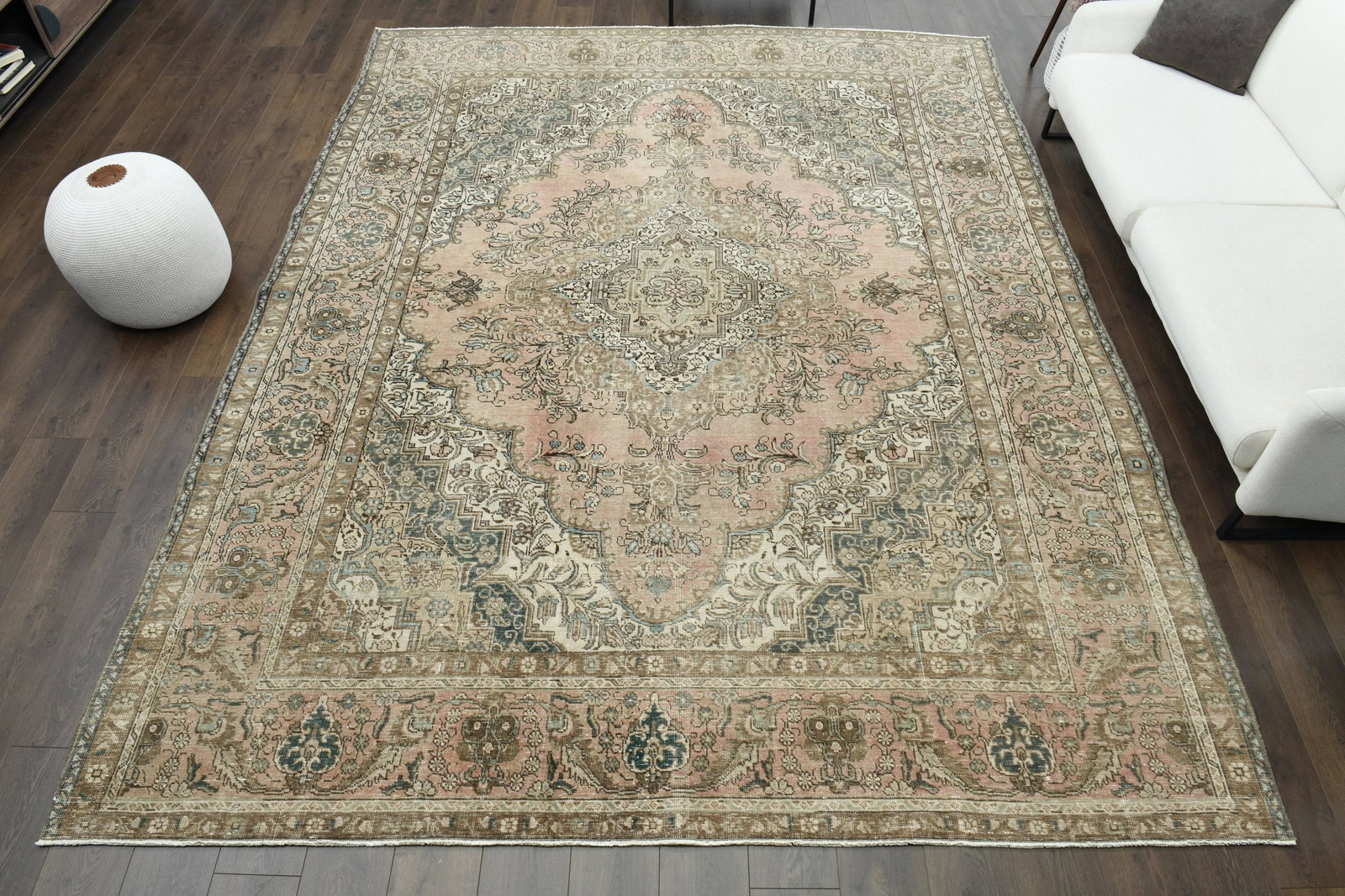 9x12 Original Oushak Turkish Antique Carpet Handwoven: Title: 9x12 Original Oushak Turkish Antique Carpet Handwoven Origin: Turkey Date/Period: 1960 - 1970 Dimension: Width: 9.4 feet Length: 12.1 feet Materials: Wool and Cotton Description: This one-of-a-