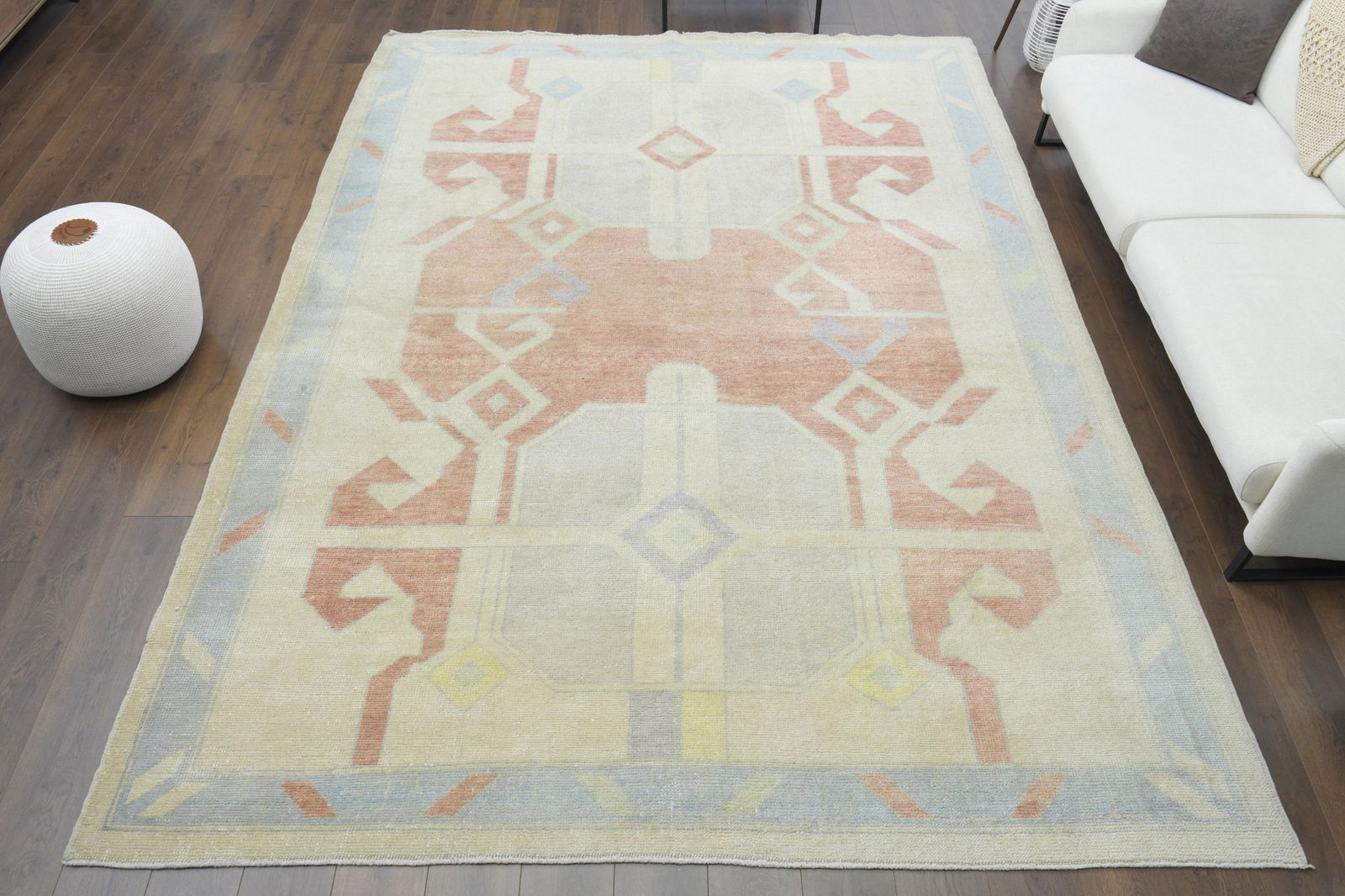 9x12 PASTEL Oushak Antique Turkish Handmade Wool: Title: 9x12 PASTEL Oushak Antique Turkish Handmade Wool Origin: Turkey Date/Period: 1960 - 1970 Dimension: Width: 8.5 feet Length: 11.5 feet Materials: Wool and Cotton Description: This one-of-a-kind