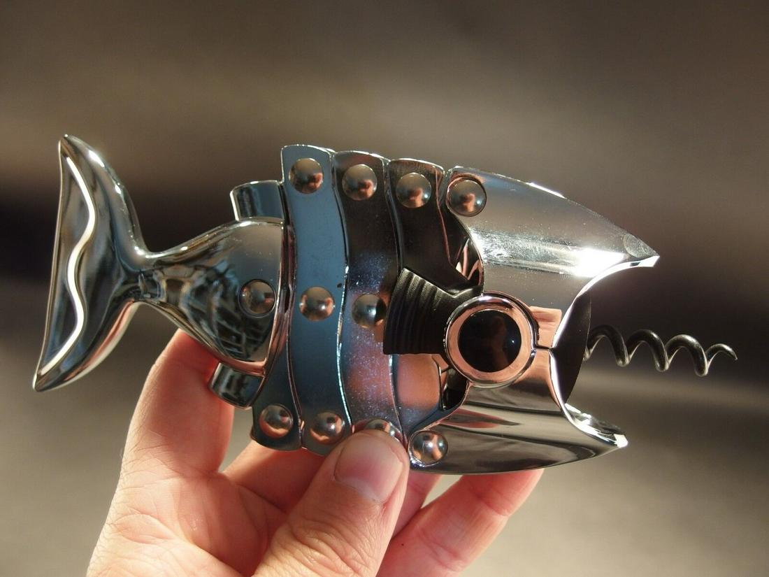 Fish Shaped Wine Bottle Corkscrew Opener: 6 3/4" Long Closed x 3" Wide Such a neat vintage style fish shaped multi lever cork screw. The riveted levers assist in pulling the cork out. Great for use or display! Reserve: $25.00 Shipping: Domest
