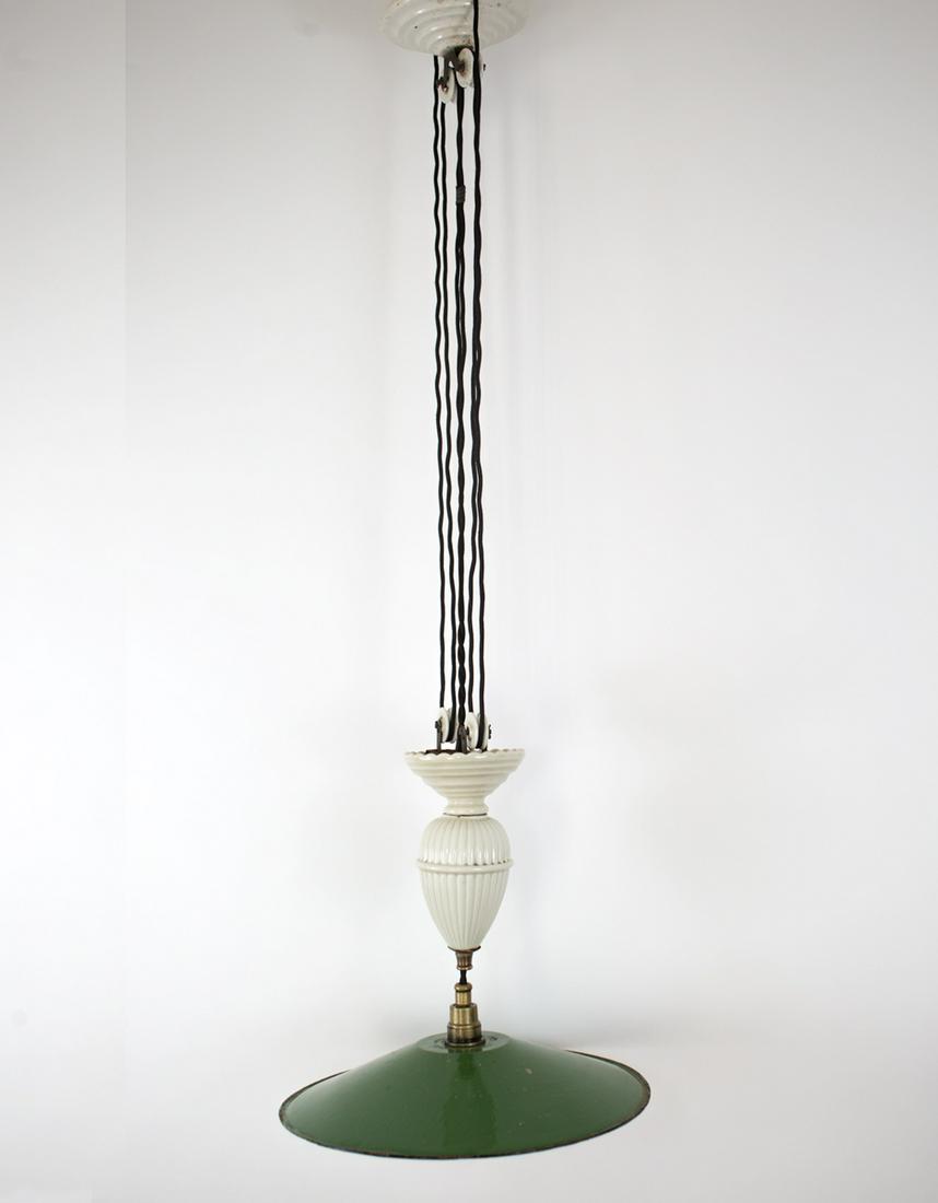 Pull down Kitchen/dining room light French Art Deco: Pull down with ceramic weight and ceramic pulley , you pull down or up the center weight to light a table .It was manufactured in France during the art deco period , the reflector is enameled metal. R