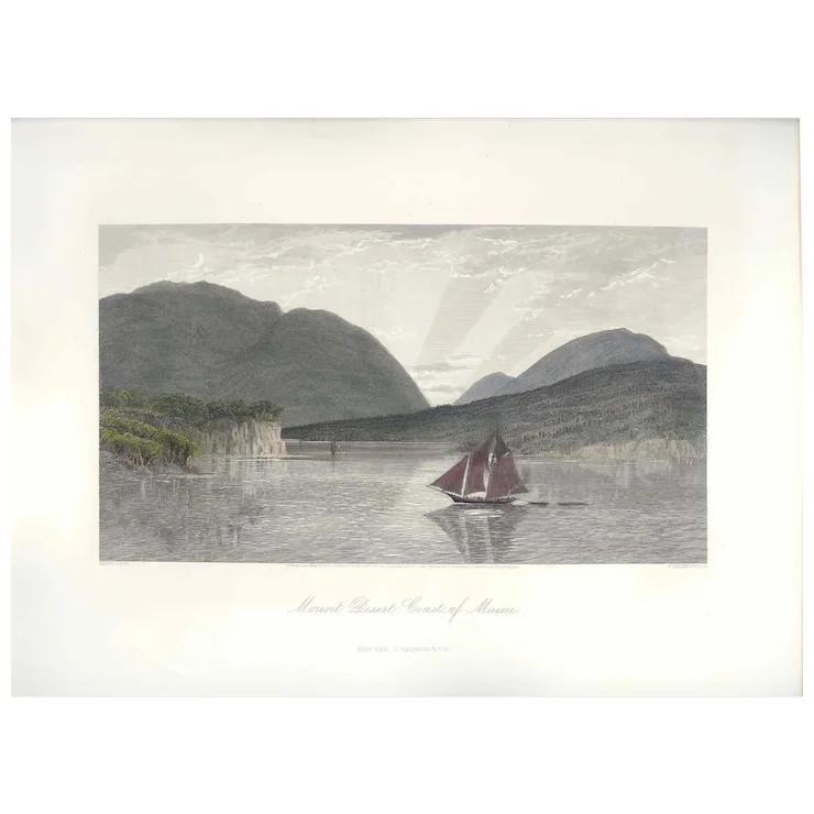 Mount Desert, Coast of Maine, after Harry Fenn. R. Hinshelwood (1873): A hand-colored engraving with a view of Mount Desert Island, north eastern USA, with a yacht in full sail in the foreground. Published for Published for "Picturesque America" in 1872 and 1874, a two-v