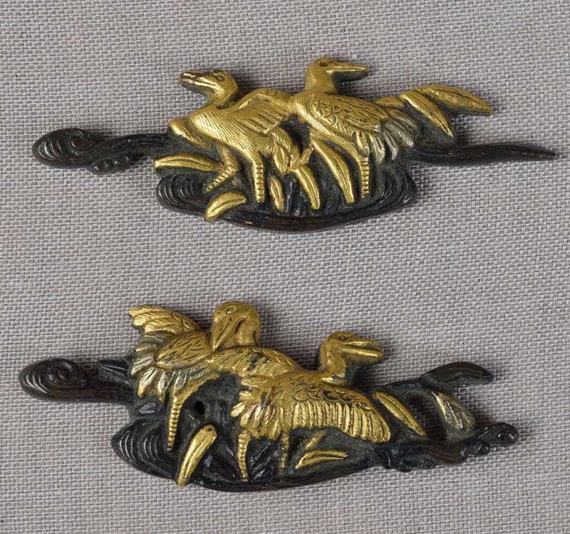 Pair 19c Japanese sword MENUKI CRANES in stream (1 of 5)