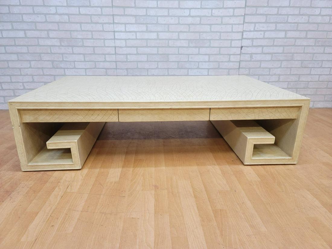 Vintage Thomas Pheasant for Baker Greek Key Crackle Lacquer Coffee Table: Vintage from the 1970s Materials: lacquer, crackled, wood Width: 60 inches Height: 15 inches Depth: 36 inches Description Vintage Thomas Pheasant for Baker Greek Key Crackle Lacquer Coffee Table Monum